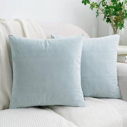 HWY 50 Baby Blue Velvet Throw Pillow Covers 18x18 Inch, Pack of 2 Soft Cozy Solid Decorative Luxury Cushion Cases for Couch Sofa Bed Living Room Bedroom