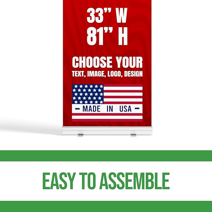 Custom Retractable Banner with Stand (33”x81”) by BCB Print | Personalized Roll-Up Banner for Advertising & Trade Shows | HD Printed Vertical Pull Up | Express Dispatch & Ship | Made in USA