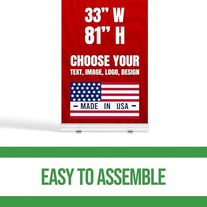 Custom Retractable Banner with Stand (33”x81”) by BCB Print | Personalized Roll-Up Banner for Advertising & Trade Shows | HD Printed Vertical Pull Up | Express Dispatch & Ship | Made in USA