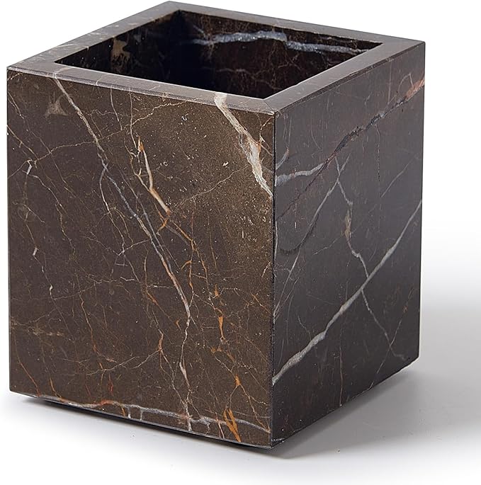 Real Natural Travertine Marble Toothbrush Holder & Pen Holder & Makeup Brush Holder & Utensil Holder, Genuine Stone Rectangular Bathroom Tumbler Cup, Durable Office & Home Countertop Organizer