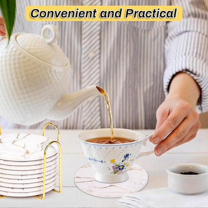 9 Pieces Ceramic Drink Coasters with Holder, Billbotk Absorbent Drink Coasters for Coffee Table, Marble Style Coasters Wooden Table, Suitable for Kinds of Cups, 4 Inches