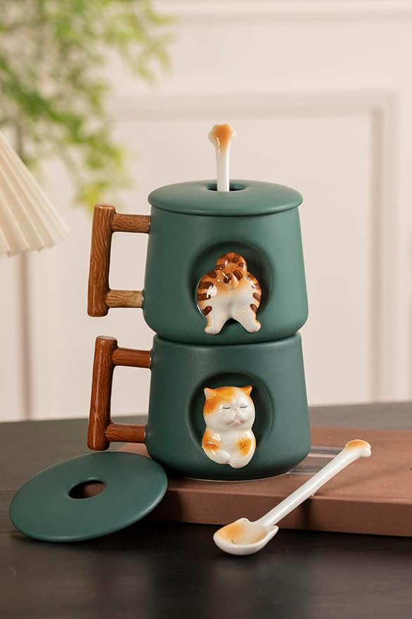 DIHOclub Adorable 3D Ceramic Animal Mug with Lid and Spoon - Perfect for Coffee, Tea, Milk, and More - Ideal Gift for Animal Lovers - 14 Ounces (Green Cat's tail)