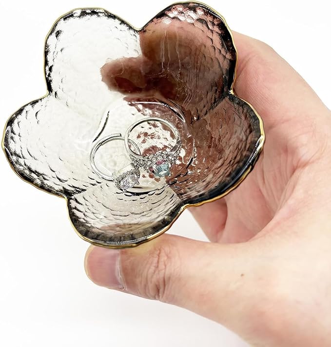 Glass Jewelry Dish Tray, Small Jewelry Tray Trinket Dish, Flower Ring Dish Engagement Gift, Crystal Ring Holder for Women, Bathroom Jewlery Plate Dish, Nightstand Jewelry Bowl for Earrings