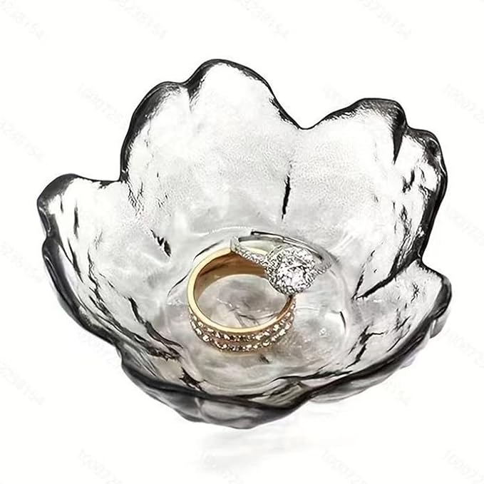 Glass Jewelry Dish Tray, Crystal Ring Holder Dish, Small Ring Dishes for Women Engagement Gift, Flower Trinket Bowl Jewerly Tray, Decorative Jewely Bowl, Jewlery Plate (Crystal Smoky Grey)