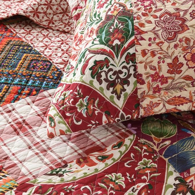 Cotton Bedspread Quilt Sets Reversible Bedding Coverlet Sets 3 Pieces Gorgeous Vintage Damask Red Patchwork Bedspread, King Size
