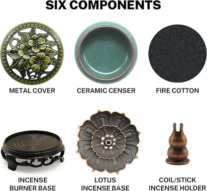Ceramic Incense Burner with Lotus Incense Holder, Multi-Functional Incense Burner Holder for Incense Sticks, Coil Incense and Cones, Perfect Home Decor (Blue)