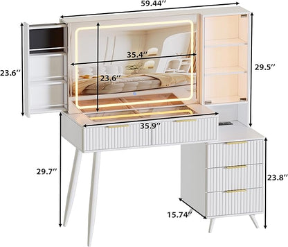 White Makeup Vanity Desk with Lighted Mirror & Power Outlet,3 Color Modes, Brightness Adjustable,Vanity Table with Drawer,Sliding 2 Storage Wall-Mounted Jewelry