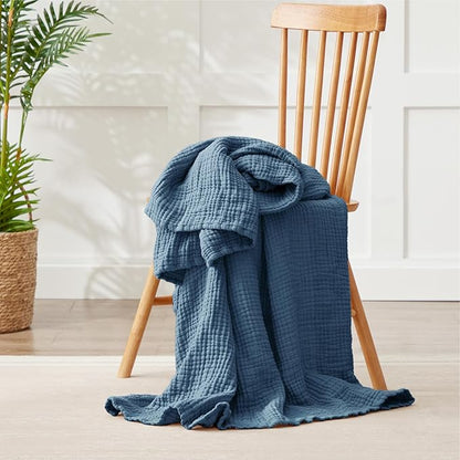 100% Cotton Light Blue Throw Blanket 50" x 70", 6 Layers Large Breathable and Lightweight Cotton Blanket for Bed and Couch, Soft Quilt Bedspread, Gauze Blanket for Adults All Season, Blue