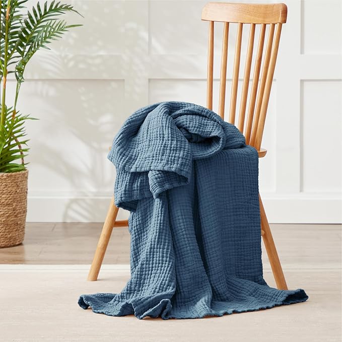 100% Cotton Muslin Blanket 50" x 60", Breathable and Lightweight Cotton Throw Blankets for Couch, Soft Cooling Summer Gauze Blanket for Adults All Season, Grayish Blue
