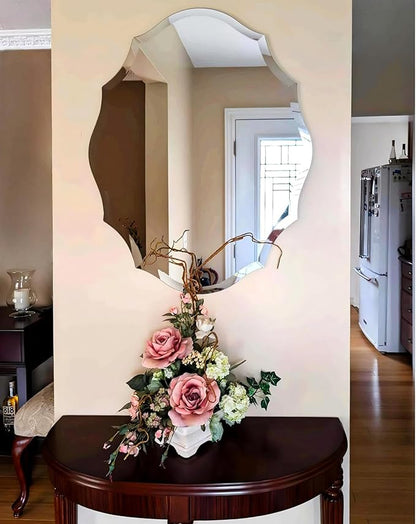 Frameless Scalloped Wall Mirror: Decorative Scallop Oval Mirrored Glass Vanity with Beveled Silver Edge for Bathroom Bedroom Livingroom Dining Room Entryway Hallway, 32 x 25 inch