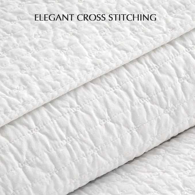 EVERGRACEHOME Cross Stitch Pre-Washed Cotton Quilt Bedding Set King Size, Oversized 3 Pieces Lightweight Bedspread Coverlet for All Season, with 2 Matching Shams, Bright White,118"x106"