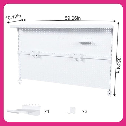KEIKI Metal Pegboard Desk Organizer with Dual Monitor Stand, 59" x 35" Large Desk Peg Board with Hooks & Movable Panel, Office Organization and Storage Shelf for Gaming or Workstation Setup, White