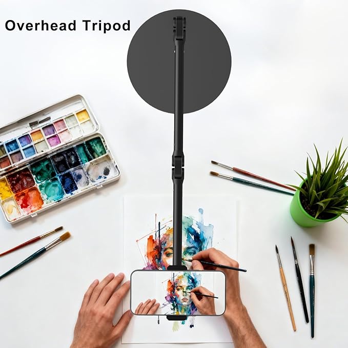Heavy Duty Overhead Phone Mount for Desk, 17 in Long Arm iPhone Holder, 360° Swivel Stand for Video Recording, Filming, Live Streaming, Cooking, Painting, Crafting