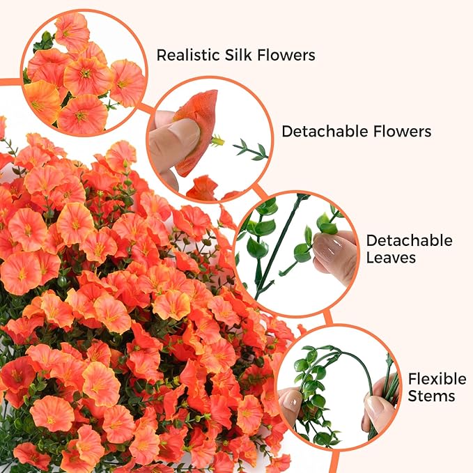 Orange Artificial Morning Glory Fall Faux Flowers for Outdoor Decoration, 12 Bundles Realistic Silk Flowers with Eucalyptus for Autumn Home Decor Patio Porch Garden Planter Window Box Yard