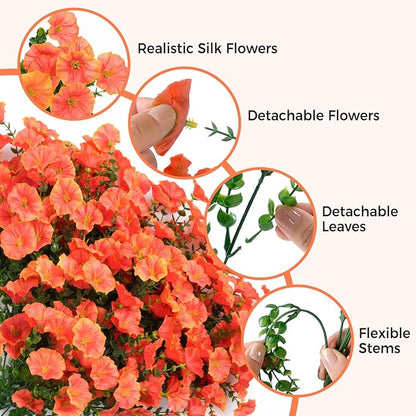 Orange Artificial Morning Glory Fall Faux Flowers for Outdoor Decoration, 12 Bundles Realistic Silk Flowers with Eucalyptus for Autumn Home Decor Patio Porch Garden Planter Window Box Yard