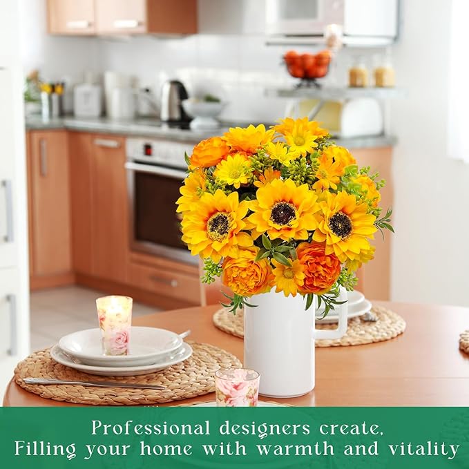 Artificial Flowers for Decoration, 3Pcs Fake Sunflower with Peonies Artificial Flowers Bouquet Silk Flowers for Home Wedding Party Table Centerpieces Vase Decor Indoor Floral Displays (Yellow)