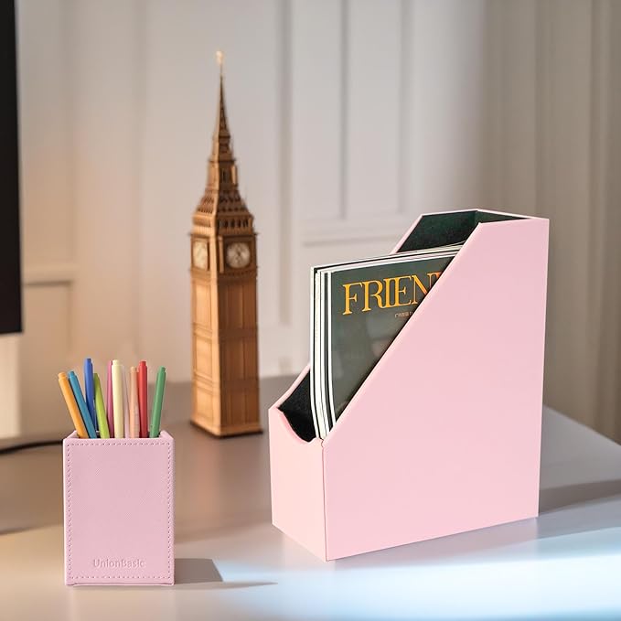 UnionBasic Magazine File Holder, Leatherette Desktop Document Organizer, Home Office Paper Holder File Storage Literature Sorter, Pink