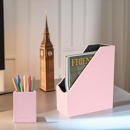UnionBasic Magazine File Holder, Leatherette Desktop Document Organizer, Home Office Paper Holder File Storage Literature Sorter, Pink