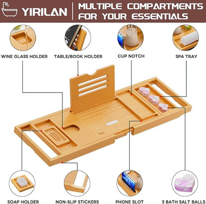 Original Wood Color Foldable Bamboo Bathtub Caddy, Bathtub Tray, Can Place Wine Glasses, Books, Mobile Phones Multifunctional Bath Tub, Suitable for Gifts in Various Festivals