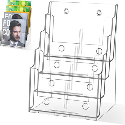 Acrylic Brochure Holder 8.5 x 11 inch, 4 Tier Magazine Stand Clear Literature Organizer Pamphlet Holder with Removable Divider for 4 x 9 inch Brochures for Wall Mount or Desktop