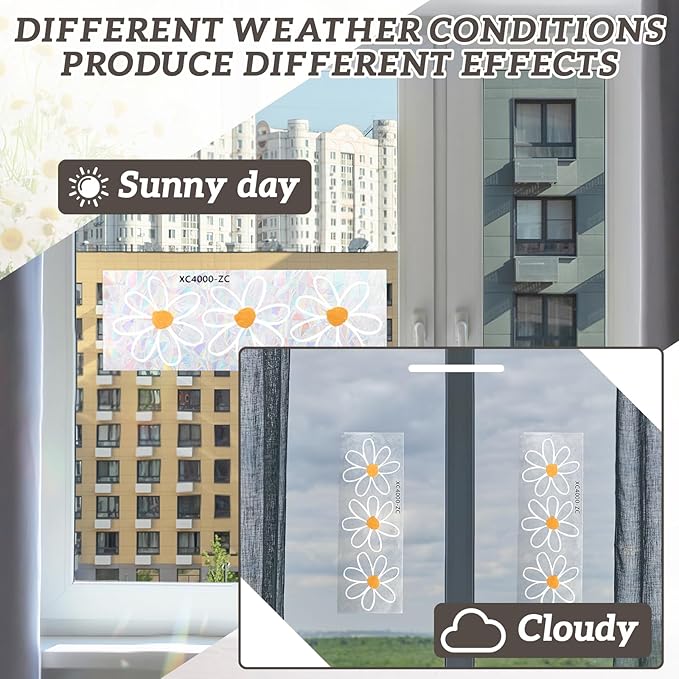 4 Sheets PVC Static Flower Suncatcher Window Stickers, Reusable Rainbow Daisy Prism Window Clings, Anti Collision Shiny Glass Stickers Decoration for Bird Home Shop Office Classroom Mirror