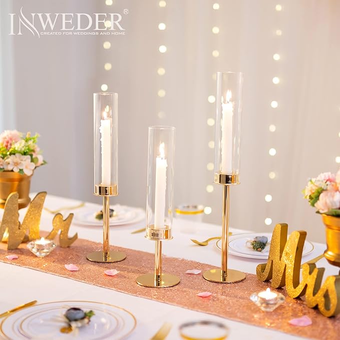 Gold Candle Holders for Candlesticks - Taper Candle Holders with Removable Glass, Tall Brass Candlestick Holders, Candle Stand Candle Sticks Long Holder for Table Centerpiece, Wedding, 30Pcs