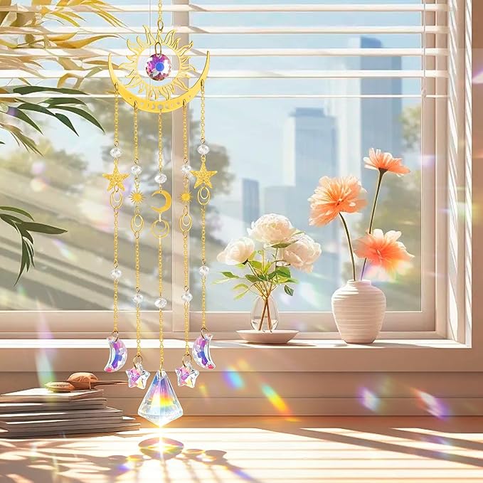 Crystal Suncatcher, Sun and Moon Suncatcher for Windows Hanging Indoor Outdoor, Prisms Rainbow Maker Home Garden Backyard Room Decor for Valentines's Mother's Day Birthday Housewarming Gift
