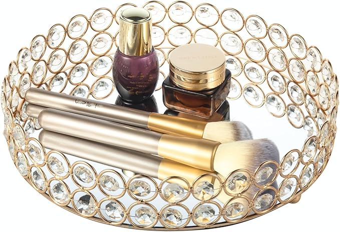 Feyarl Crystal Perfume Tray Makeup Cosmetic Vanity Organizer Jewelry Trinket Display Storage Mirrored Decorative Tray Skin Care Tray for Dresser Home Deco Birthday Gift(Round 10" inch) (Gold)