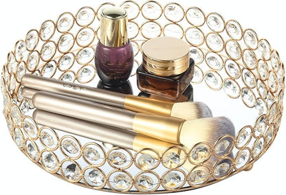 Feyarl Crystal Perfume Tray Makeup Cosmetic Vanity Organizer Jewelry Trinket Display Storage Mirrored Decorative Tray Skin Care Tray for Dresser Home Deco Birthday Gift(Round 10" inch) (Gold)
