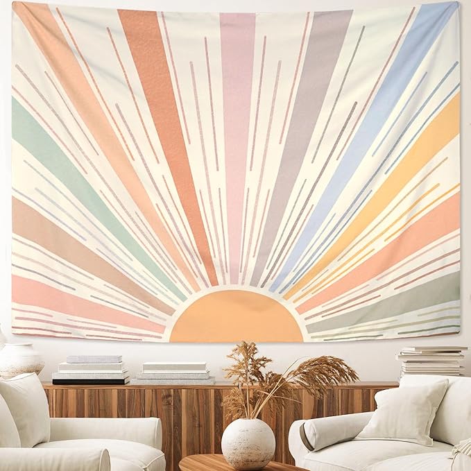 Kanuyee Boho Sun Tapestry Wall Hanging, Retro 70s Abstract Striped Aesthetic Sunrise Vintage Tapestries for Bedroom Living Room 68×90 inch
