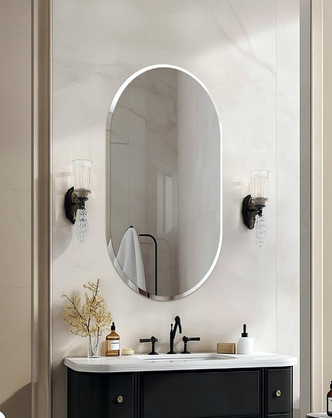 Frameless Oblong Wall Mirror: Decorative Oval Mirrored Glass Vanity with Beveled Silver Edge for Bathroom Bedroom Livingroom Dining Room Entryway Hallway, 50 x 24 inch