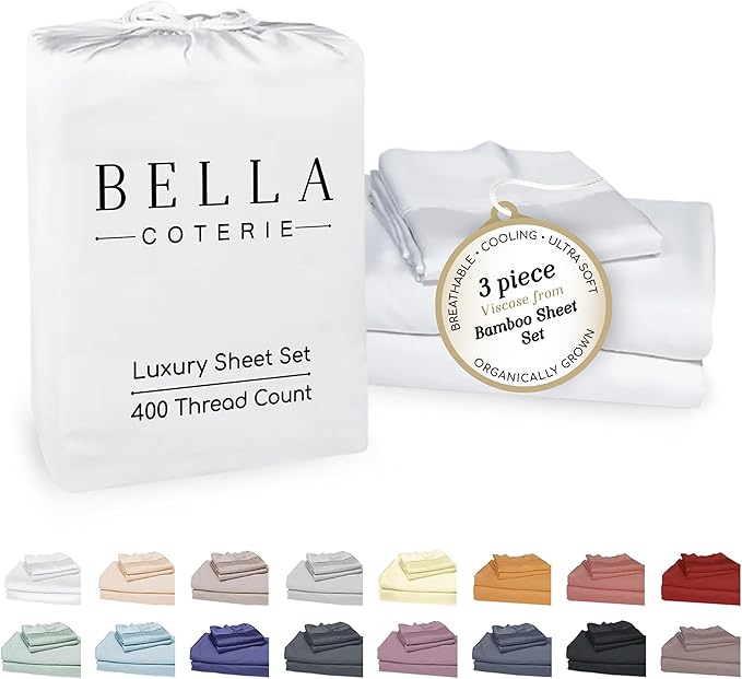 Bella Coterie Luxury Bamboo Viscose Twin XL Size Sheet Set | 100% Organically Grown | Ultra Soft | Cooling for Hot Sleepers | 18" Deep Pocket [White]