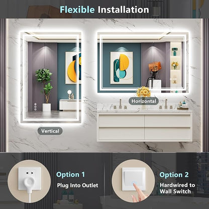48x32 LED Bathroom Mirror with Lights, Backlit & Front Lit, Anti-Fog Frameless Lighted Vanity Mirrors for Bathroom Wall, Dimmable, 3-Color Light, Memory, Shatter-Proof, Tempered Glass, CRI＞90