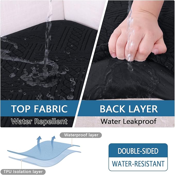 hyha Waterproof Couch Cushion Covers, Waterproof Sectional Couch Covers for 2 Cushion Sofa for Pets, Stretch Sofa Slipcover Washable with Elastic Bottom(2 Packs, Black)