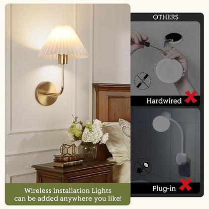 Wireless Wall Sconce Sets of 2, Pleated Shades Rechargeable Battery Operated Wall Sconce, Retro Industrial Gold Wall Lights Bathroom Vanity Sconces, Wall Mounted Lamps for Bedroom Living Room Kitchen