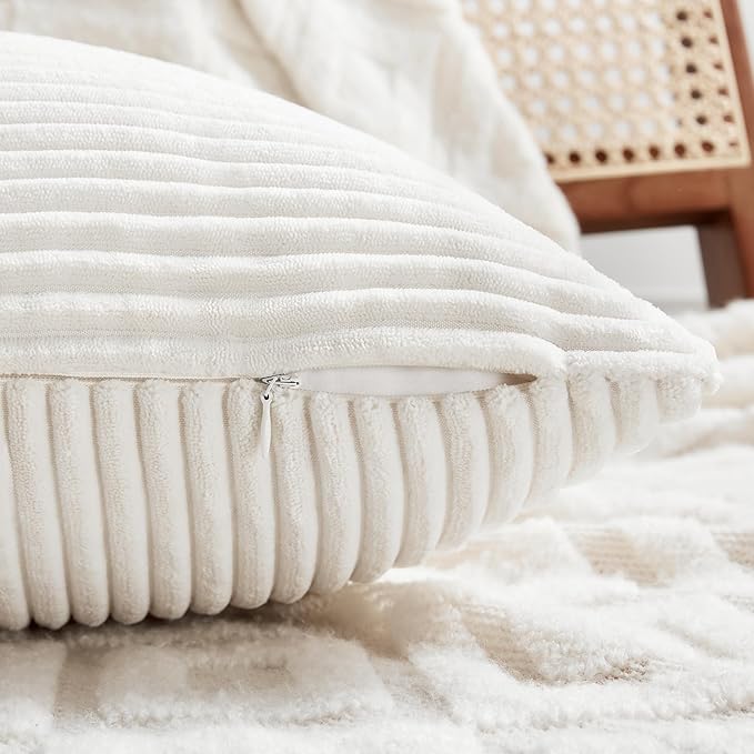 Fancy Homi 2 Packs Cream White Lumbar Decorative Throw Pillow Covers 16x32 Inch for Living Room Couch Bed, Rustic Farmhouse Boho Home Decor, Soft Striped Corduroy Rectangle Accent Cushion Case 40x80cm