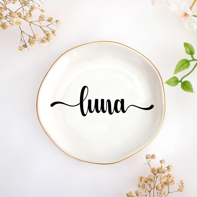 JoycuFF Luna Personalized Name Ceramic Jewelry Tray, Mothers Day Christmas Anniversary Engagement Birthday Gifts for Women Couples, Trinket Dish for Rings Earrings Necklaces Bracelets Keys