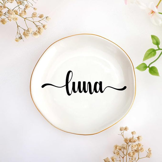 JoycuFF Luna Personalized Name Ceramic Jewelry Tray, Mothers Day Christmas Anniversary Engagement Birthday Gifts for Women Couples, Trinket Dish for Rings Earrings Necklaces Bracelets Keys