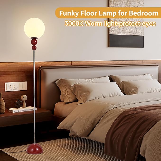 Red Floor Lamp for Living Room, Modern Floor Lamps for Bedroom，On/Off Foot Switch, Globe Standing Lights for Office Cafe, Includes E26 Bulb 15W Reading Corner Light Include 70.87in Plug Cord
