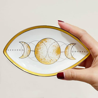 Exquisite Small Ceramic Jewelry Tray - Trinket Dish Evil Eye Decor, Gold Plate Ring Holder, Modern Boho Home Essentials, Perfume Organizer, Witchy, Aesthetic Room Decor (Moon)