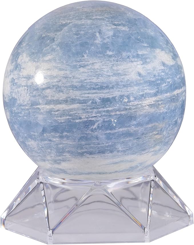Natural Blue Celestite Crystal Ball with Acrylic Display Base, 71-80mm Polished Stone Feng Shui Crystal Sphere Meditation Decoration for Home & Office