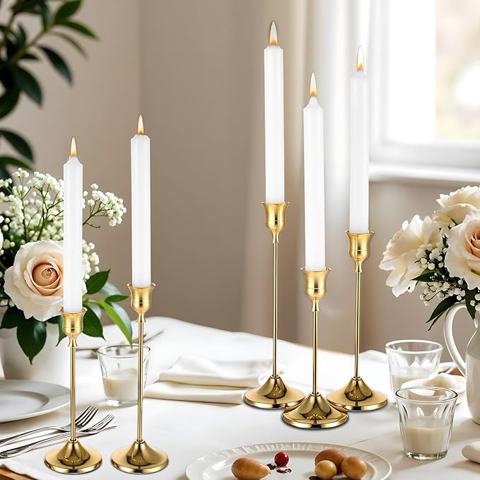 12 Pack Brass Golden Candlestick Holders, Vintage Taper Candle Holders Set in 3 Sizes for Dining Table, Fireplace, Party Decor