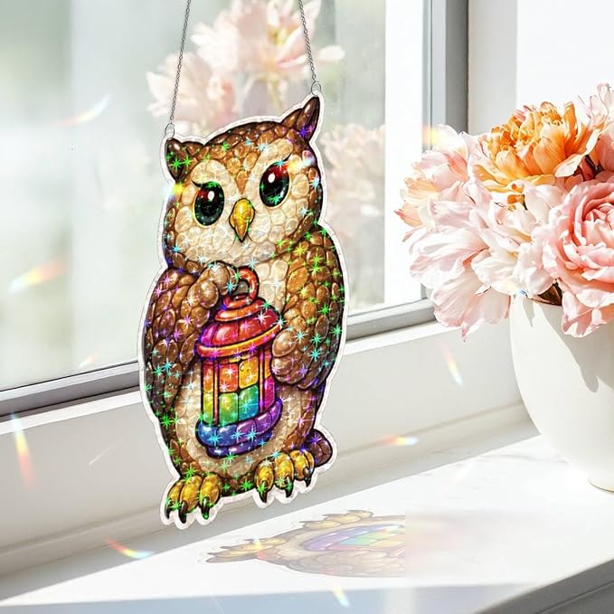Bronze Owl Beacon Acrylic Suncatcher, Window Hanging Sun Catcher Ornament, Crystal Prism Light Catcher Decor, Sunlight Window Decor, Aesthetic Home Decor Gift