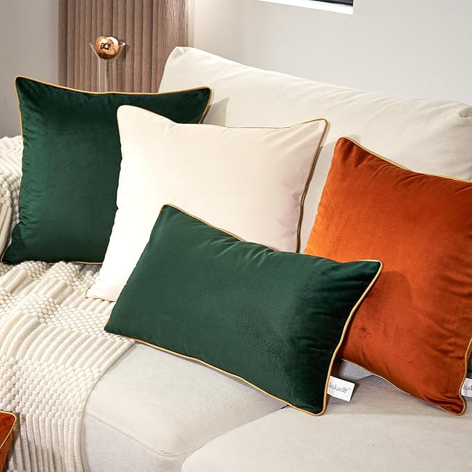Aeckself Pack of 2 Luxury Velvet Green Lumbar Pillow Covers 12 x 20 Inch, Modern Decorative Pillowcase with Gold Trim Edge, Comfortable Soft Solid Cushion Case for Couch Bedroom Living Room