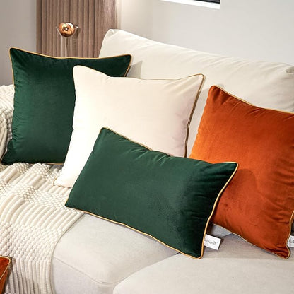 Aeckself Pack of 2 Luxury Velvet Green Lumbar Pillow Covers 12 x 20 Inch, Modern Decorative Pillowcase with Gold Trim Edge, Comfortable Soft Solid Cushion Case for Couch Bedroom Living Room