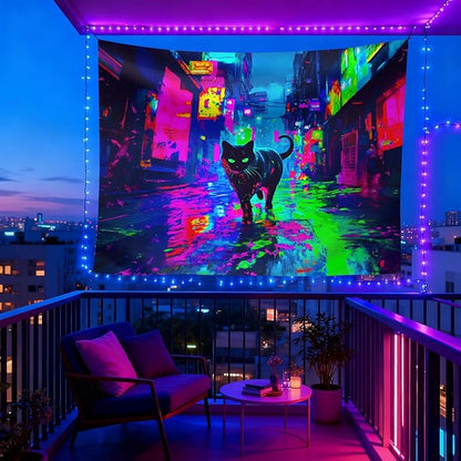 seewan Black Light Reactive Cat Tapestry, Neon Futuristic Urban Street Art, UV-Reactive Cat Tapestry, Sci-Fi Black Cat Wall Decor, Bedroom Dorm Living Room Background Decor