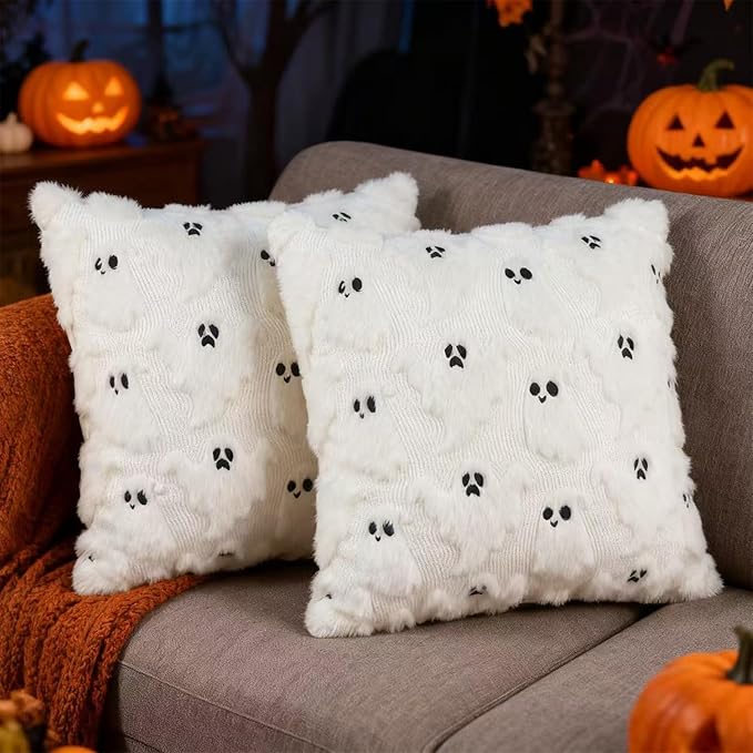Halloween Decorative Pillow Covers 18x18 Set of 2 Ghost Throw Pillow Covers, Faux Fur Soft Pillow Cover Fluffy Plush Accent Throw Pillow Case, Throw Pillow Cover Cushion Cover for Home Decor, White