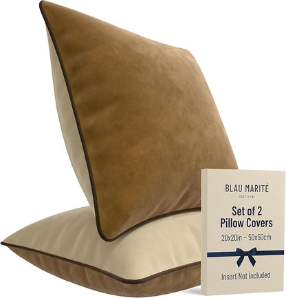 Set of 2 Decorative Throw Pillow Covers Cushion Cases. Soft Velvet. Contrast Pipping Edge. Filling Not Included. (20x20in, Camel/Beige)