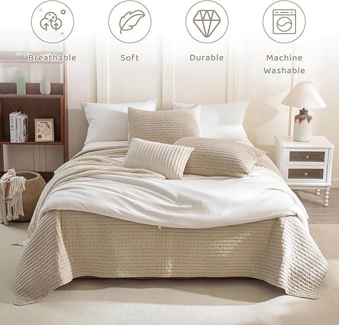 Sanracie Stonewashed Cotton Coverlet King Size(110"x98"), Dark Wheat Colored Cross Stitch Pattern Quilt Bedding Set 3Pcs Extra Soft Breathable Crinkle Quilted Bedspread Set for All Season