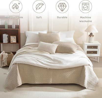 Sanracie Cotton Oversized King Bedspread(118"x106"), Soft Dark Wheat Color Stonewashed California King Quilt Sets Cross Stitch Lightweight Crinkle Coverlet Set 3Pcs for All Season